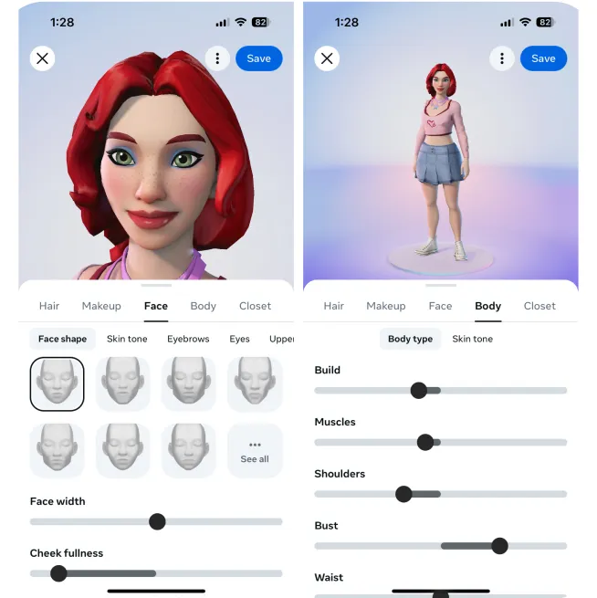 Two Avatars editor screens from the shipped product — face shape picker with Face width and Cheek fullness sliders, and the Body tab with Build, Muscles, Shoulders, Bust, and Waist parameters