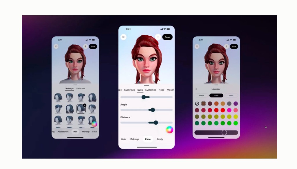Three Avatars editor mockups on a purple gradient — hairstyle picker, parametric eye sliders with Angle and Distance controls, and lip-color palette — direction-setting concept for the parametric editing system