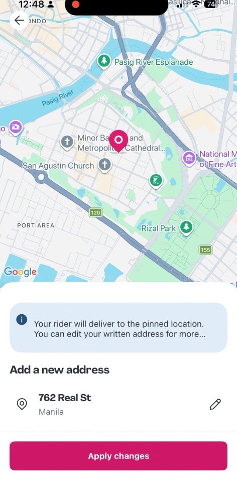 Delivery Hero map-based address picker — pin placed on a Manila street with 'Add a new address — 762 Real St' and an Apply changes button