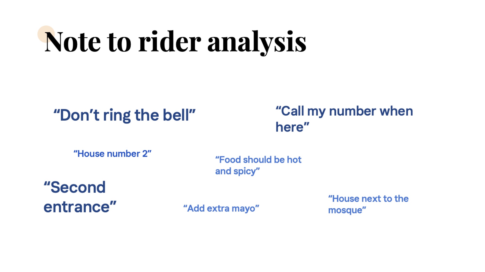 A loose cluster of seven hand-set quotes in navy — Don't ring the bell, Call my number when here, House number 2, Second entrance, Food should be hot and spicy, Add extra mayo, House next to the mosque.