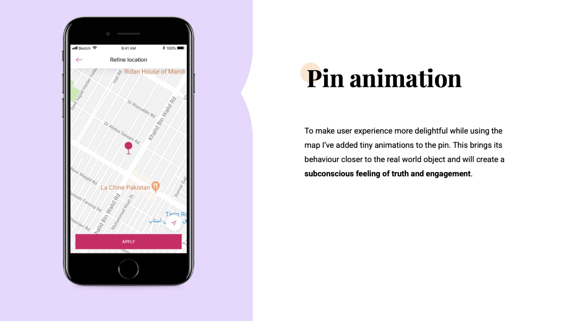 iPhone showing the V2 'Refine location' screen — a Karachi street map with a single pink pin centered on Ridan House of Mandi, an Apply CTA at the bottom.