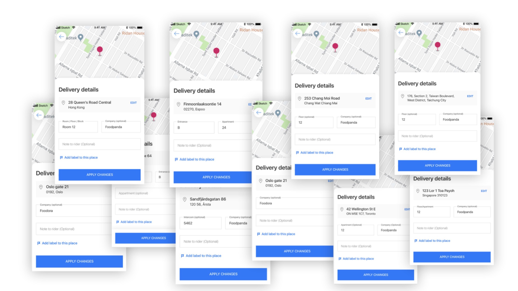 A loose collage of eight 'Delivery details' phone screens from Hong Kong, Espoo, Chiang Mai, Taichung City, Oslo, Singapore, Toronto and Östersund — each map pin sits above a localized form with country-specific fields (Room/Floor/Block, Entrance, Floor, Apartment, Intercom, etc.).