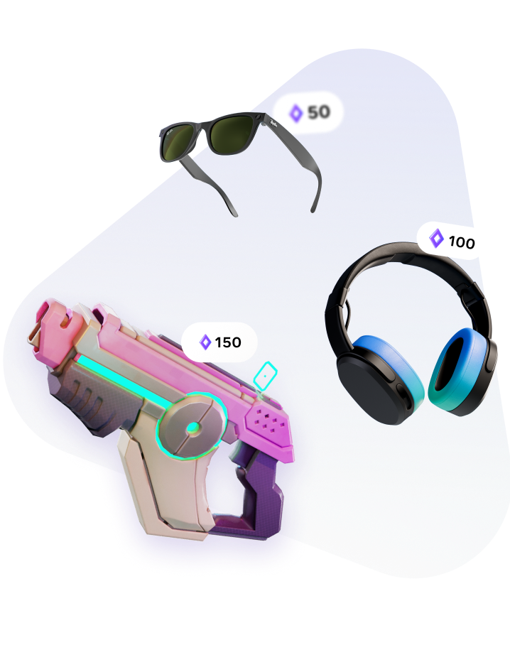 Three 3D digital goods — sunglasses, sci-fi pistol, headphones — each tagged with an in-world currency price