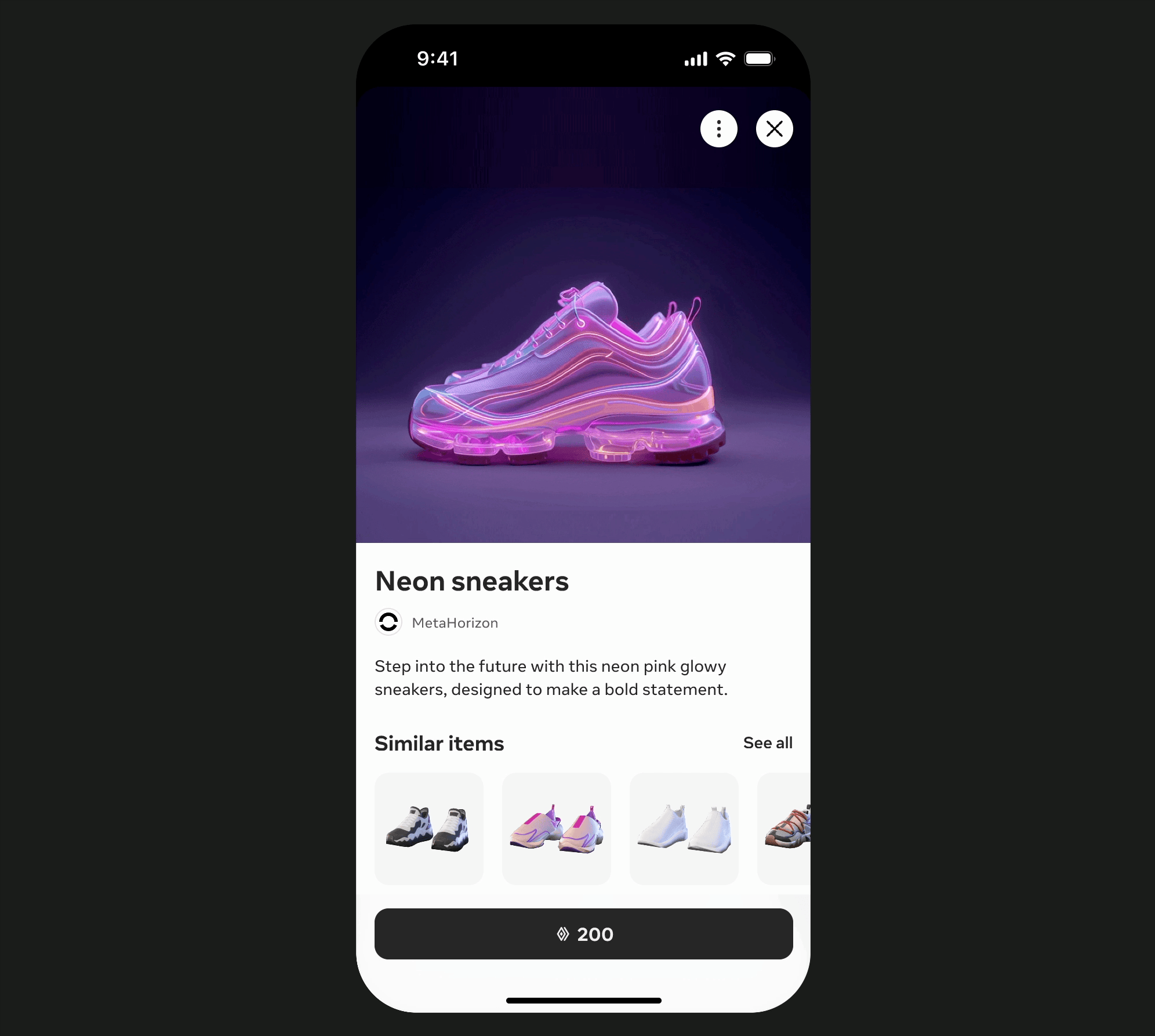Animated product-detail screen inside the in-editor commerce flow — a neon sneaker rotating in 3D, with similar-items rail and 200-token purchase action