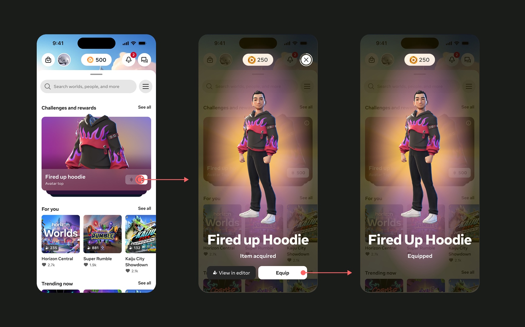 Three iPhone screens showing the in-editor challenges-and-rewards flow: a home feed with a 500-token balance and a 'Fired up hoodie' challenge card, an item-acquired sheet revealing the 3D avatar in the new flame hoodie with View in editor and Equip actions, and the equipped state confirming the hoodie is now worn — all without leaving the editor