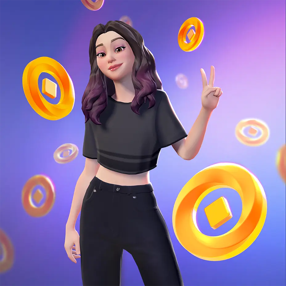 Stylised Meta avatar surrounded by floating tokens — digital-goods economy