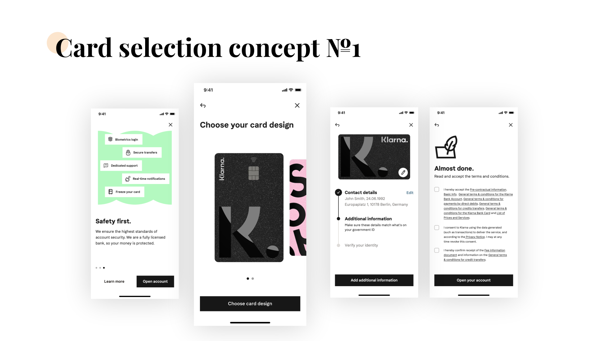 Card selection concept №1 — four screens placing the card design choice between safety reveal, choose-your-card-design, contact details, and almost-done T&C.