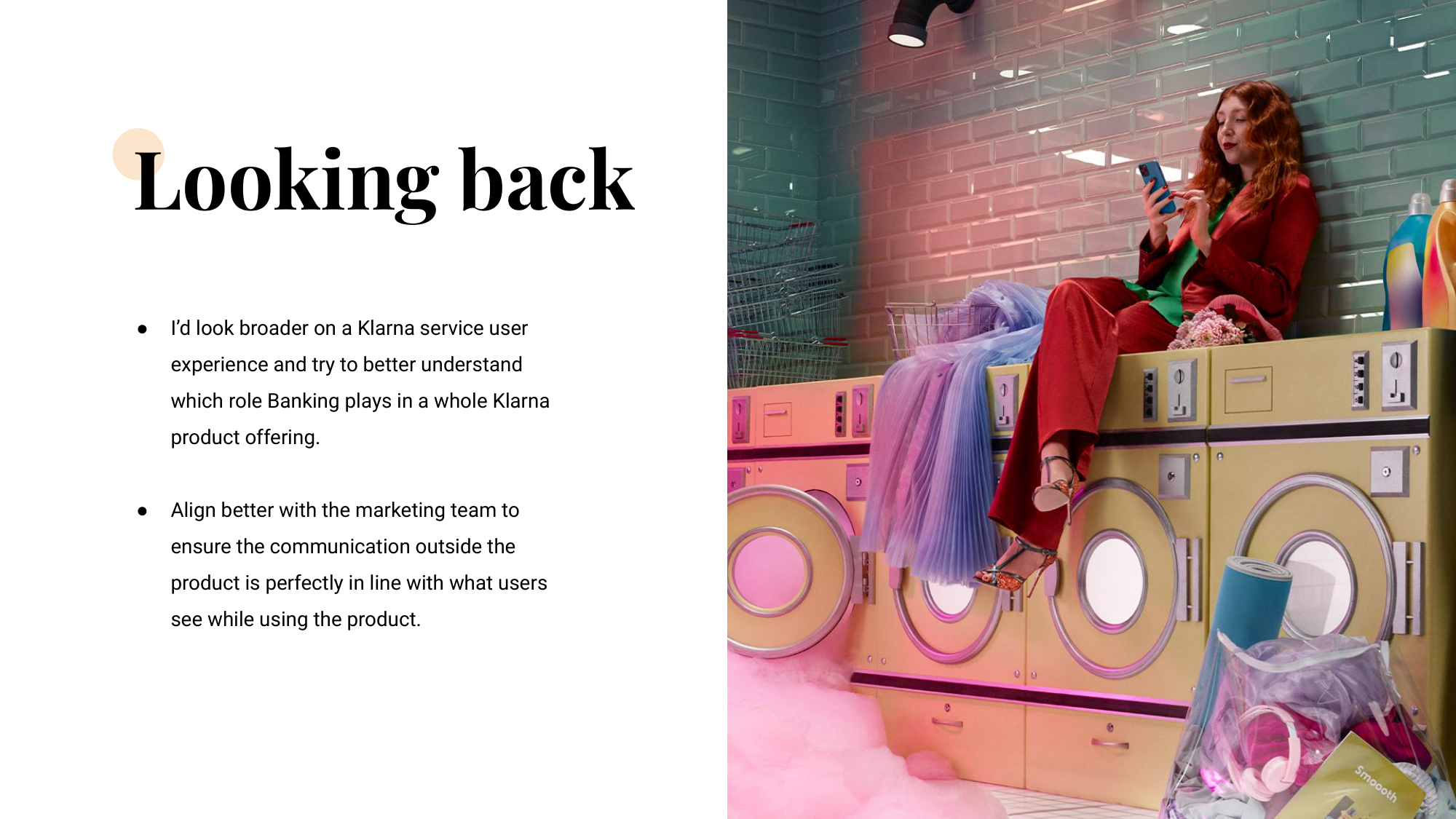 Looking back slide — two retrospective notes beside an editorial photo of a woman in a red suit perched on pastel washing machines.