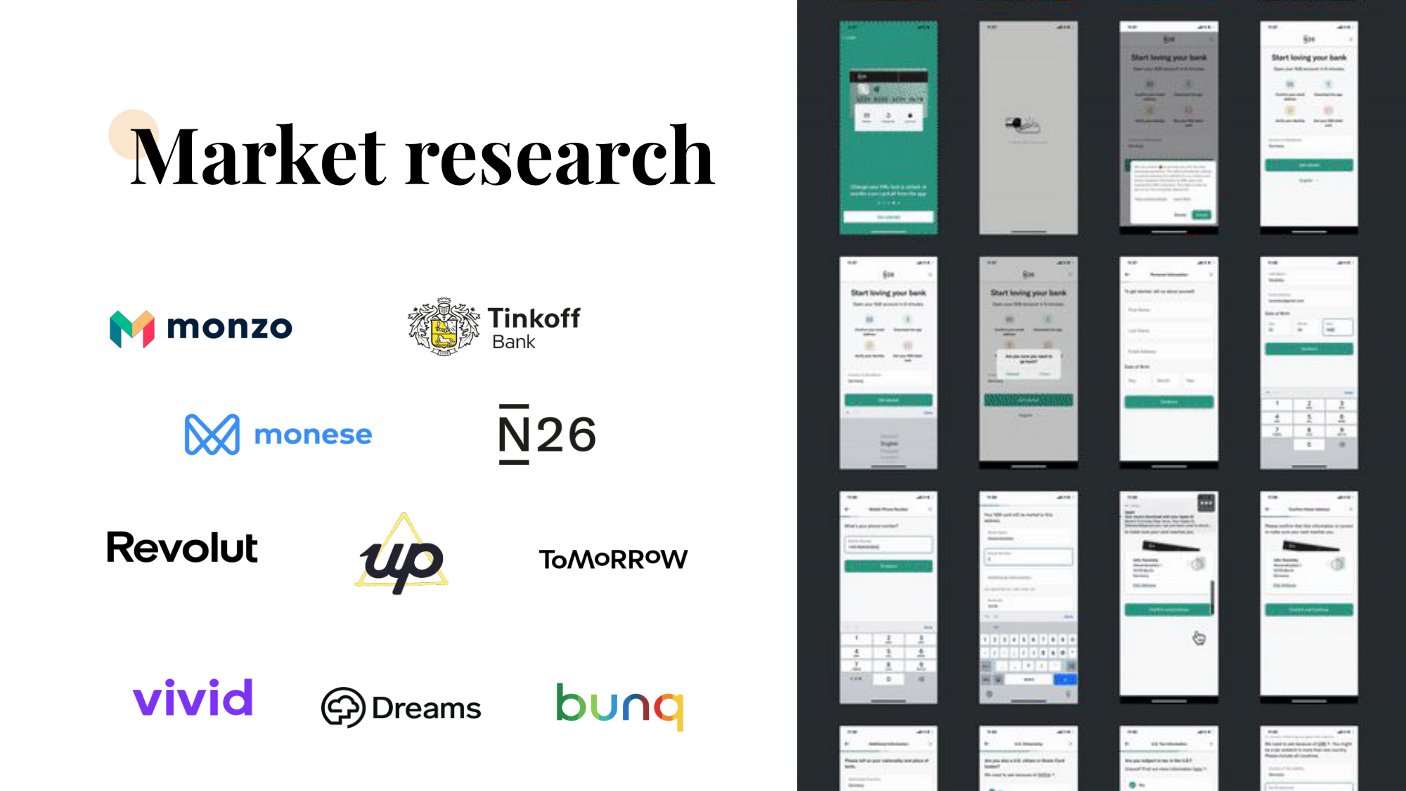 Market research slide listing competitor neobanks — Monzo, Tinkoff, Monese, N26, Revolut, Up, Tomorrow, Vivid, Dreams, Bunq — beside a grid of competitor sign-up screens.