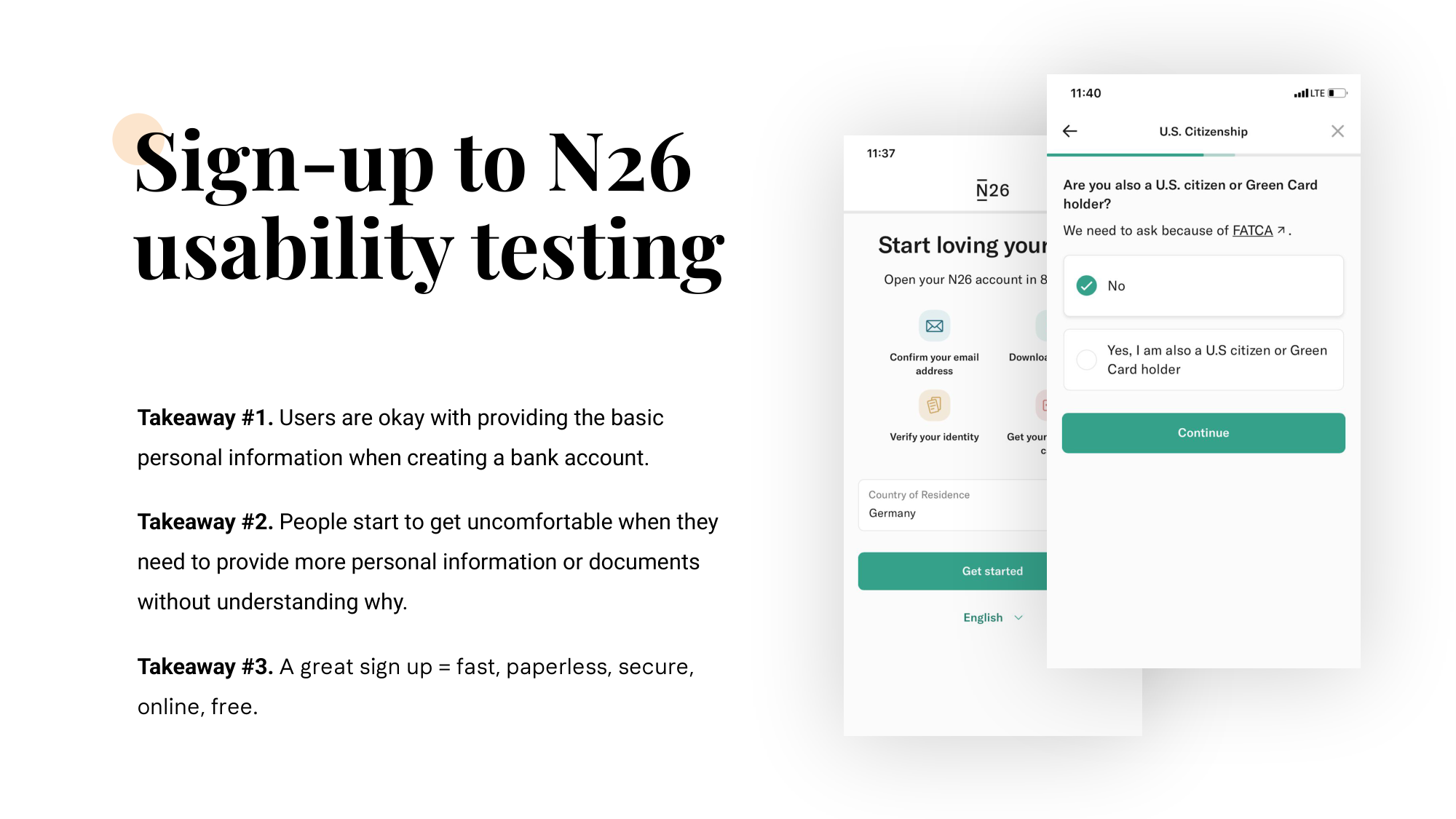 Three takeaways from the N26 usability study printed next to two N26 sign-up screens — country of residence and U.S. citizenship questions.