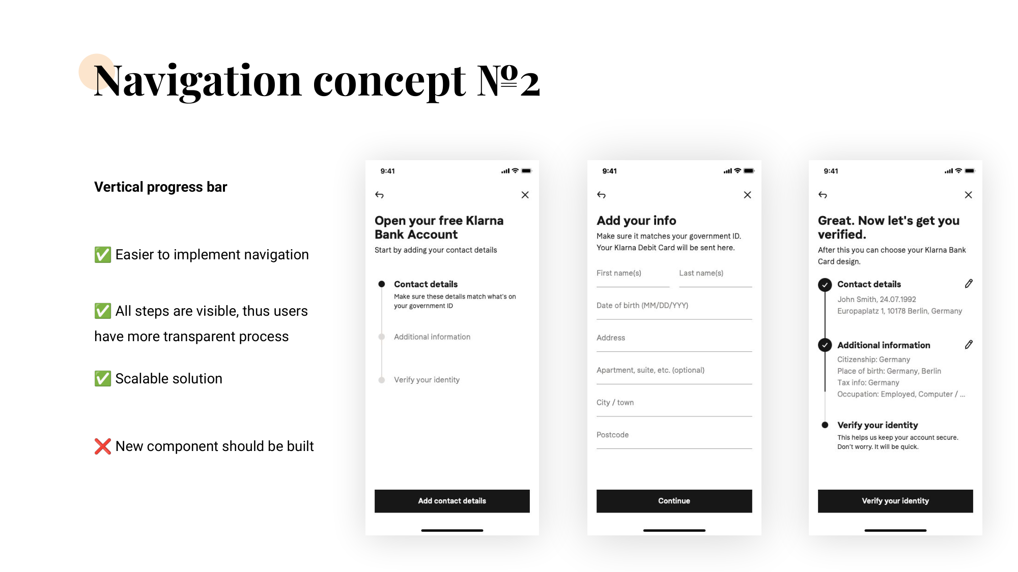 Navigation concept №2 — vertical progress bar with Contact details, Additional information, Verify your identity stacked down the left side of three Klarna sign-up screens.