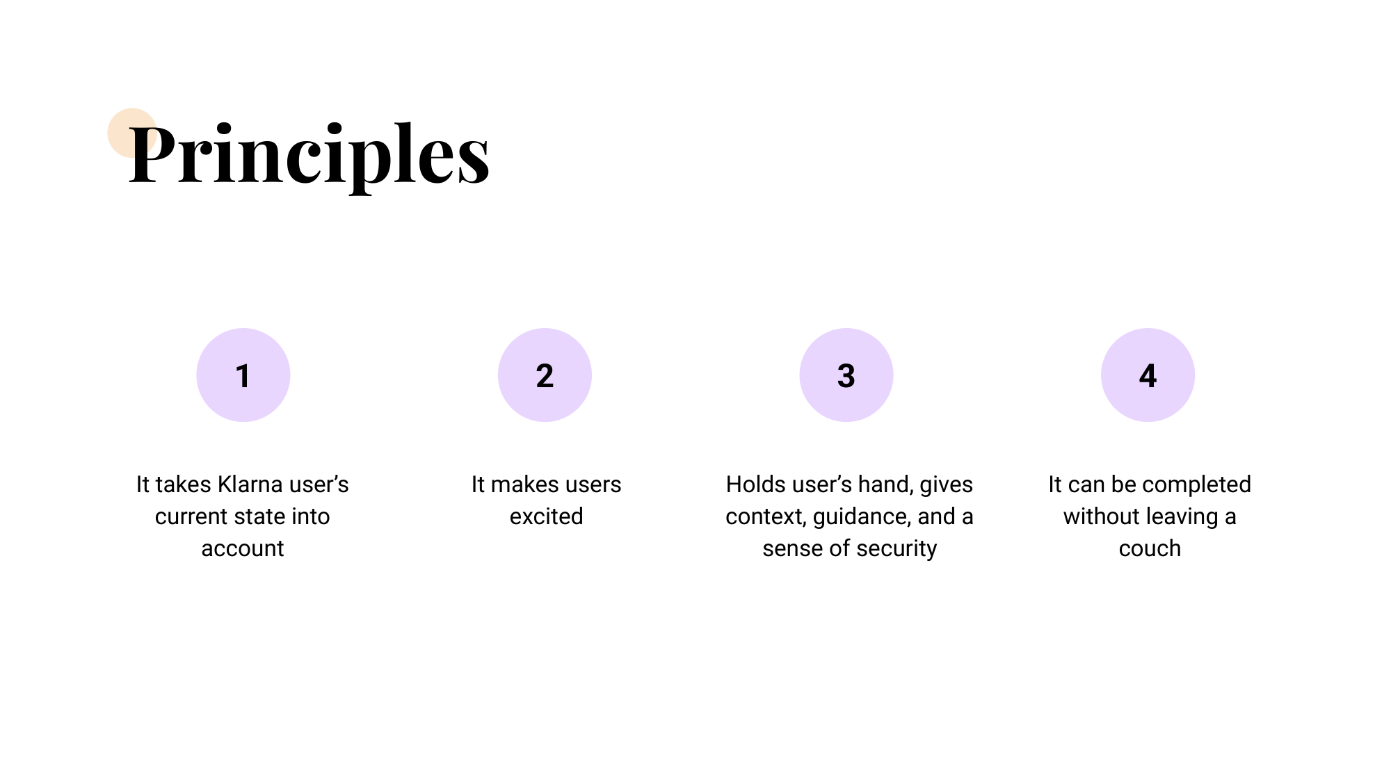 Four lilac circles numbered 1–4 captioning the four sign-up principles: takes the user's current state into account, makes users excited, holds the user's hand, can be completed without leaving the couch.