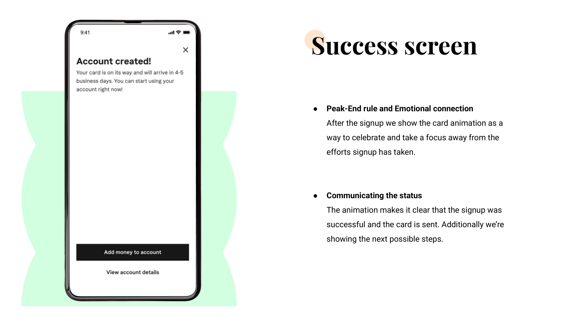 Success screen — 'Account created! Your card is on its way and will arrive in 4–5 business days', with primary action 'Add money to account' and secondary 'View account details'.