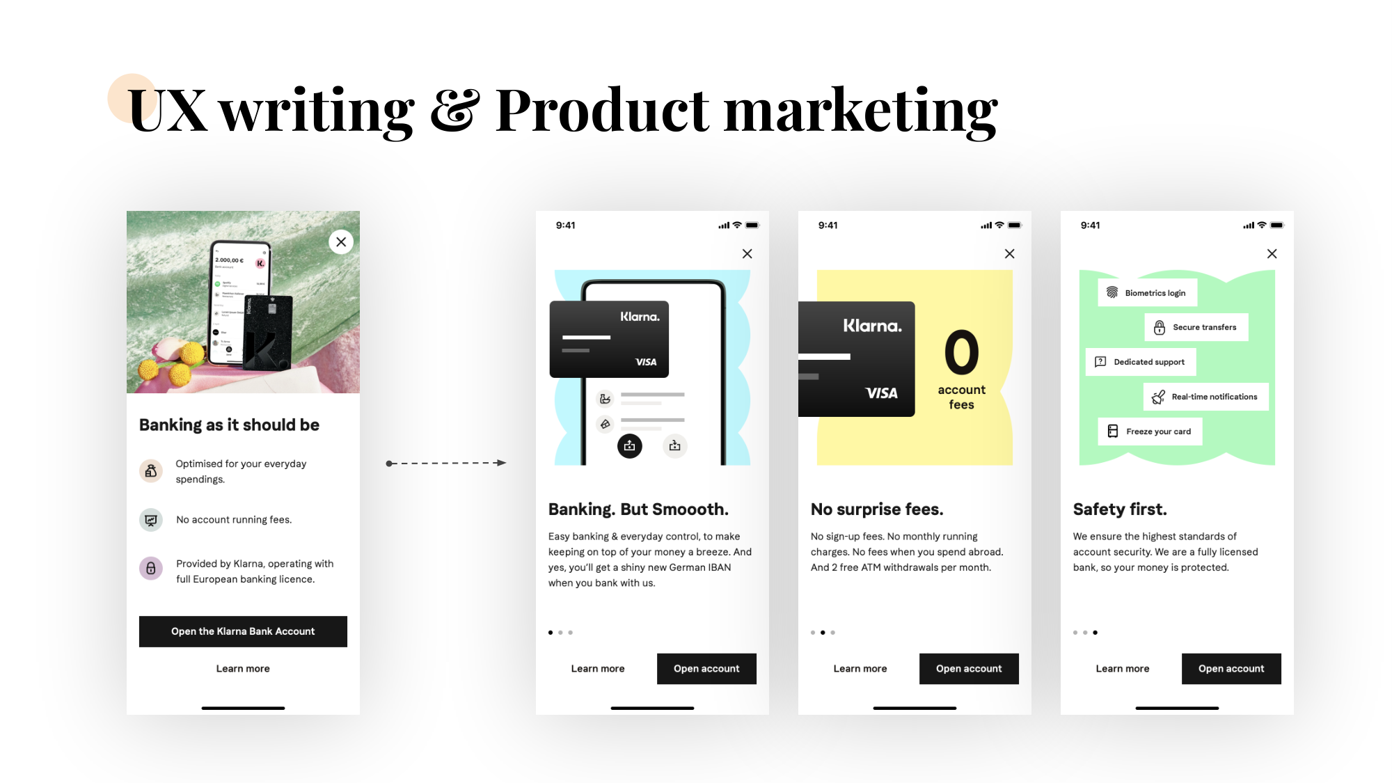 UX writing & product marketing slide — the 'Banking as it should be' marketing card pointing at three onboarding screens: 'Banking. But Smoooth.', 'No surprise fees', 'Safety first.'