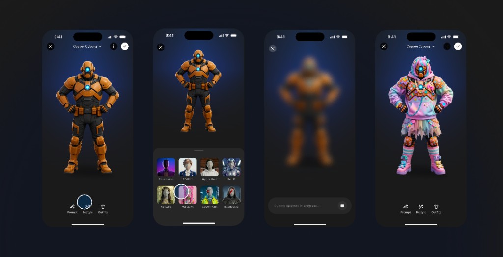 Four phone screens of the Prompt to Character flow — a copper-cyborg avatar in the editor, an AI style picker, a blurred 'cyborg upgrade in progress' wait state, and the resulting candy-themed restyle.
