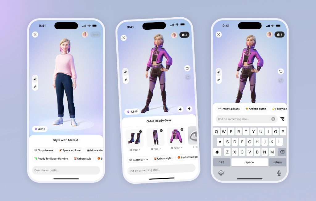 Three phone screens showing the follow-up prompt flow — starter prompts on a default avatar, an applied 'Orbit Ready Gear' look with selectable items, and the keyboard surfaced with contextual follow-up chips like Trendy glasses, Artistic outfit, and Fancy look