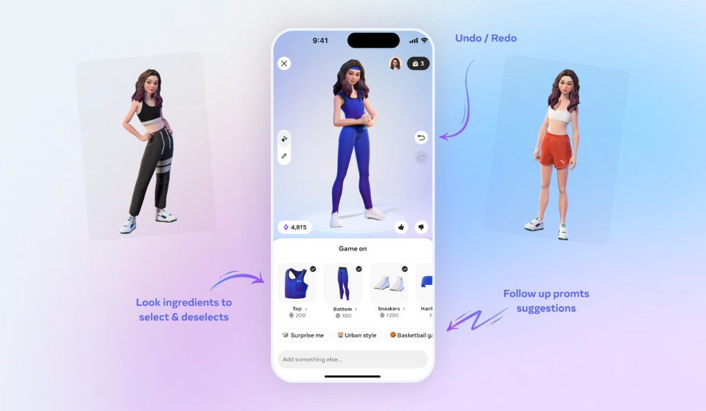 Phone screen showing the look ingredients grid — Top, Bottom, Sneakers, Hair — with undo/redo affordance and follow-up prompt chips