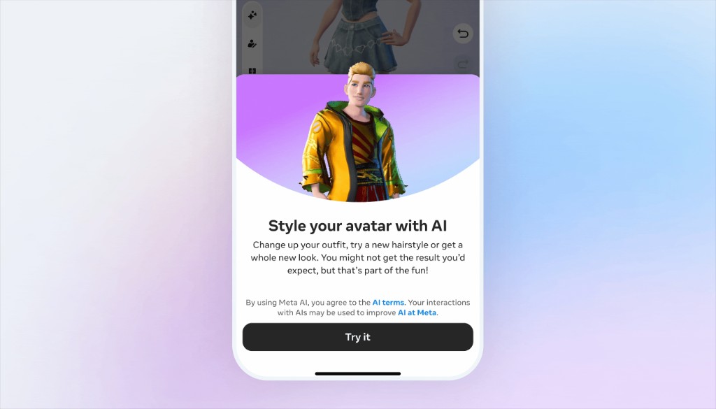 First-run NUX modal — Style your avatar with AI — explaining capabilities, terms, and a Try it CTA