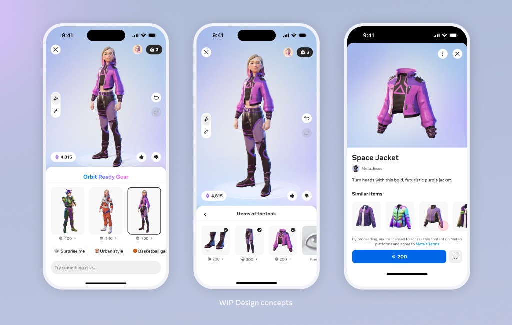 Three WIP design concepts side by side — an avatar with the Orbit Ready Gear ingredients grid and Surprise me / Urban style / Basketball gal follow-up chips, an Items of the look breakdown showing each garment as a separate, swappable layer, and a Space Jacket detail screen with similar items and a 200-coin price