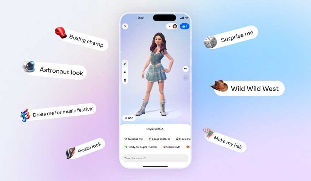 Phone screen surrounded by playful starter prompts — Boxing champ, Astronaut look, Wild Wild West, Pirate look, Dress me for music festival, Surprise me, Make my hair